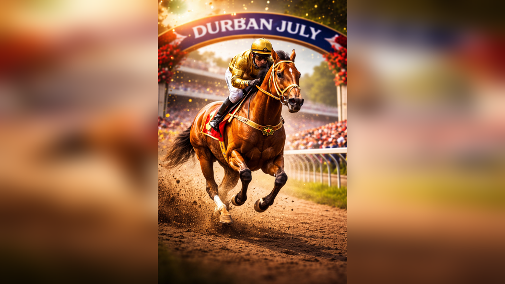 Golden Stride Durban July racehorse South Africa charging down track with jockey in gold silks at Greyville Racecourse